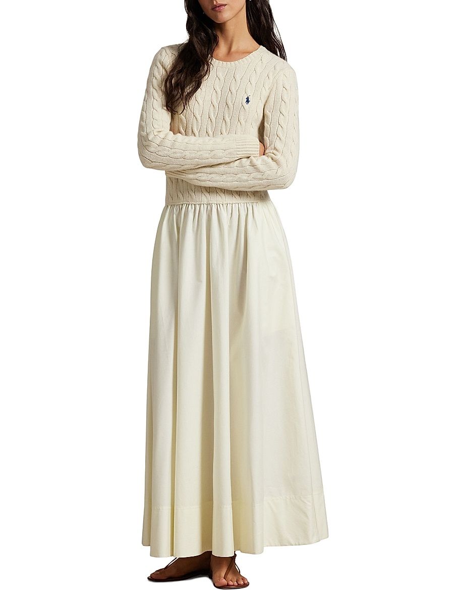 Women's Cable-Knit Mixed-Media Midi-Dress - Authentic Cream - Size XL