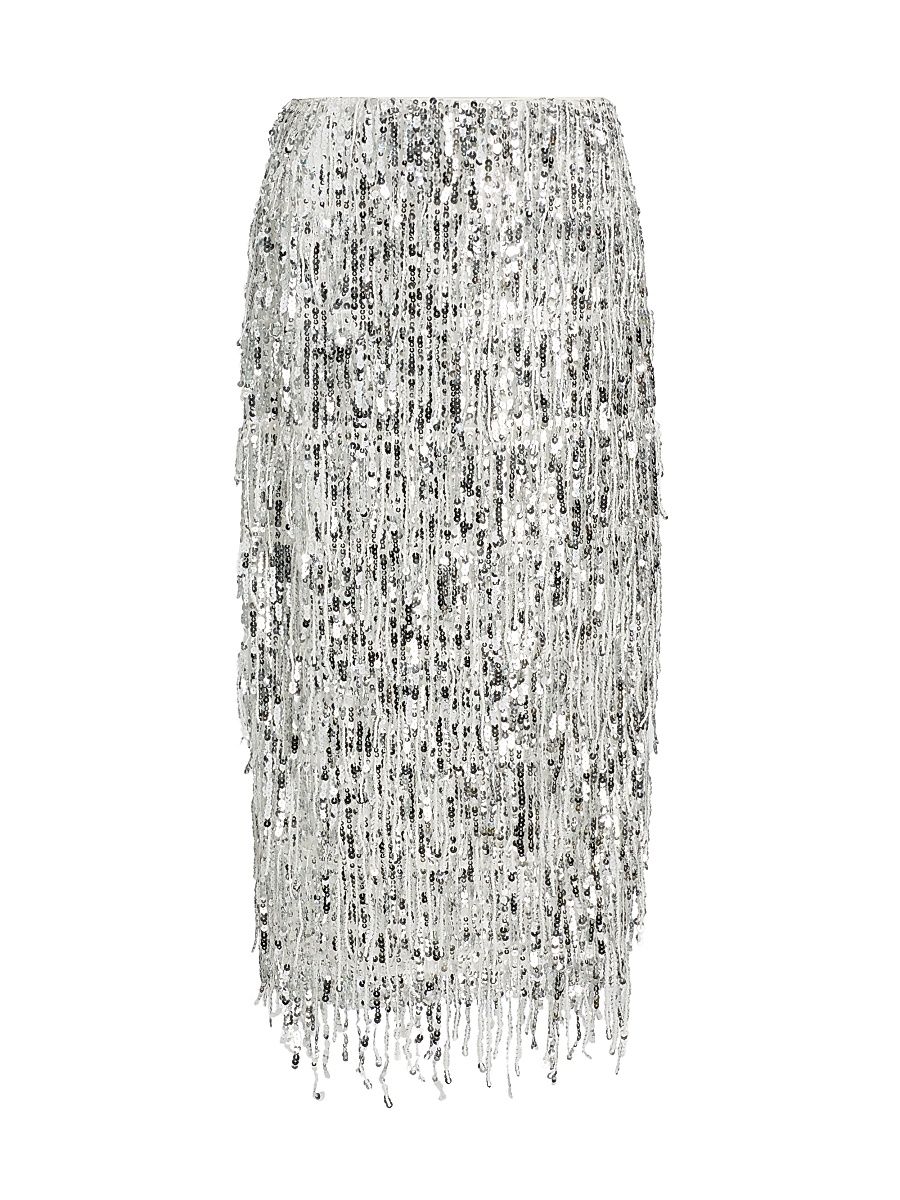 Women's Roxanne Sequined Fringed Midi-Skirt - Silver - Size 8