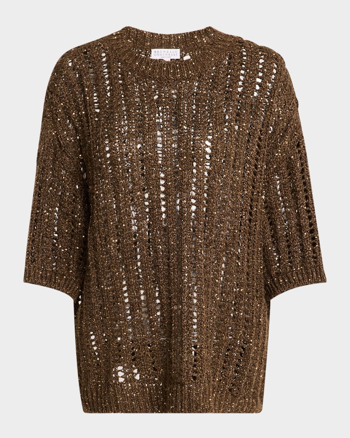 Openwork Pailette Rib Short-Sleeve Sweater