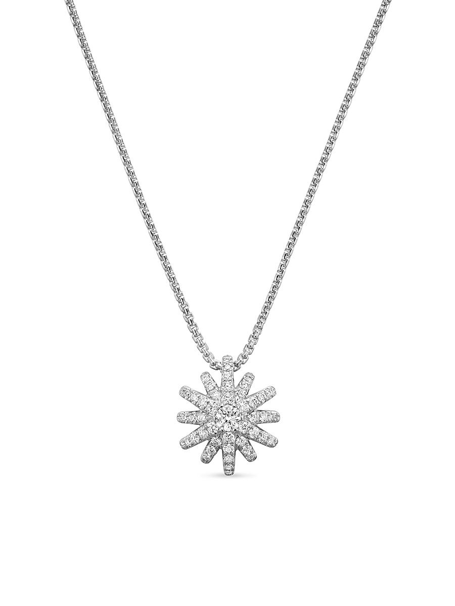 Women's Starburst Pendant Necklace in 18K White Gold with Diamonds, 12MM - Diamond - Size 17