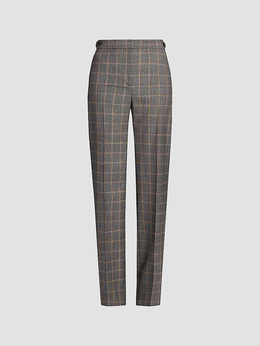 Women's Tailored Check Wool Slim Pants - Grey Melange - Size 14