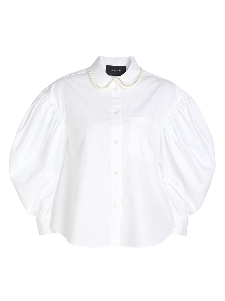 Women's Boxy Draped-Sleeve Cotton Shirt - White Pearl - Size 6