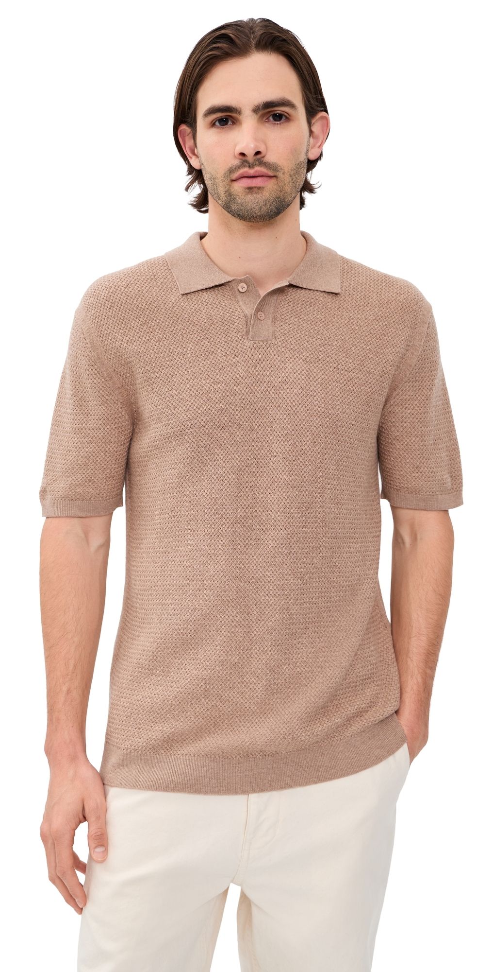 Maison Kitsuné Textured Merino Cotton Short Sleeve Polo Roasted Almond XL