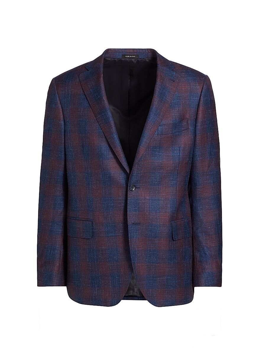 Men's COLLECTION Plaid Wool, Silk & Linen Blazer - Red - Size 48