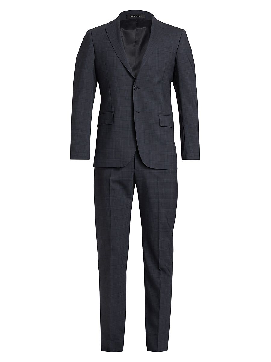 Men's COLLECTION Plaid Wool Single-Breasted Suit - Navy - Size 48