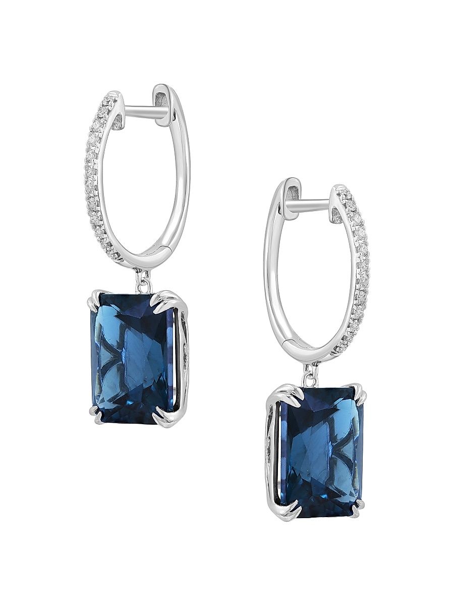 Women's 14K White Gold, London Blue Topaz & 0.09 TCW Diamond Huggie Hoop Earrings - White Gold