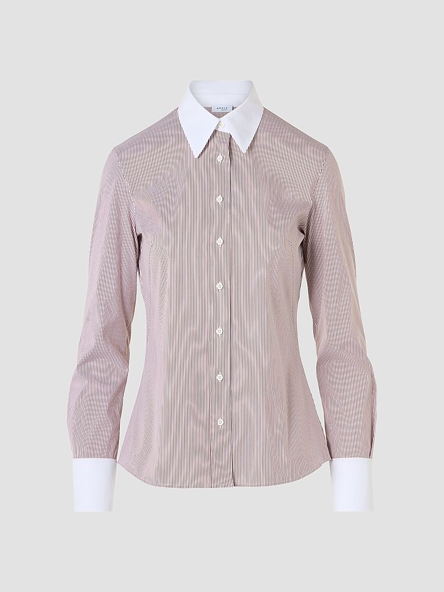 Women's Stripe Stretch Cotton Poplin Shirt - Espresso Cream - Size 16