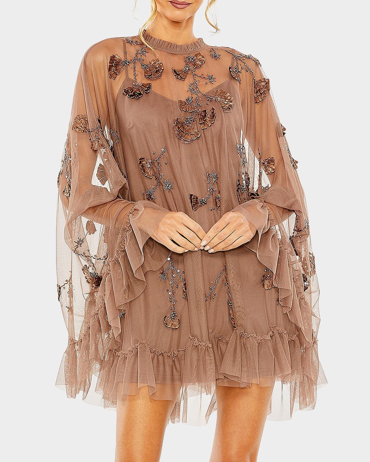 Embellished Mesh A-Line Mini Dress