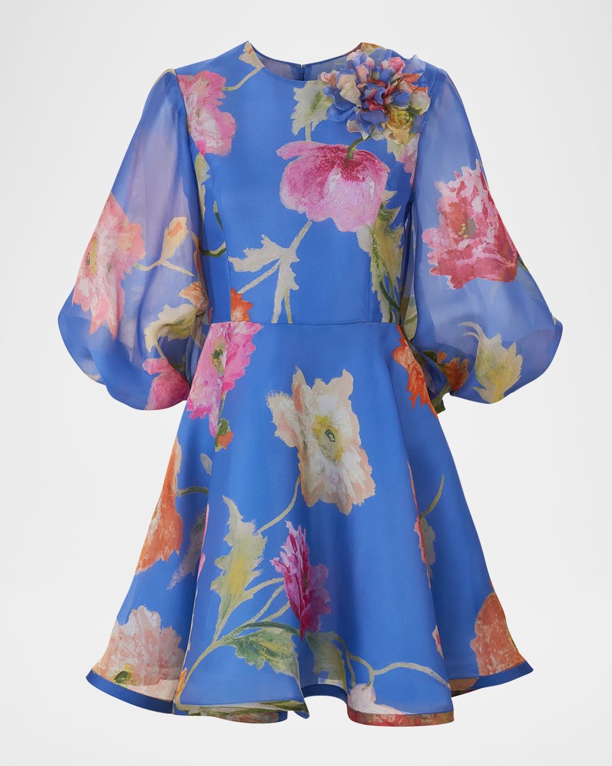 Floral Silk Puff-Sleeve Corsage Mini Dress