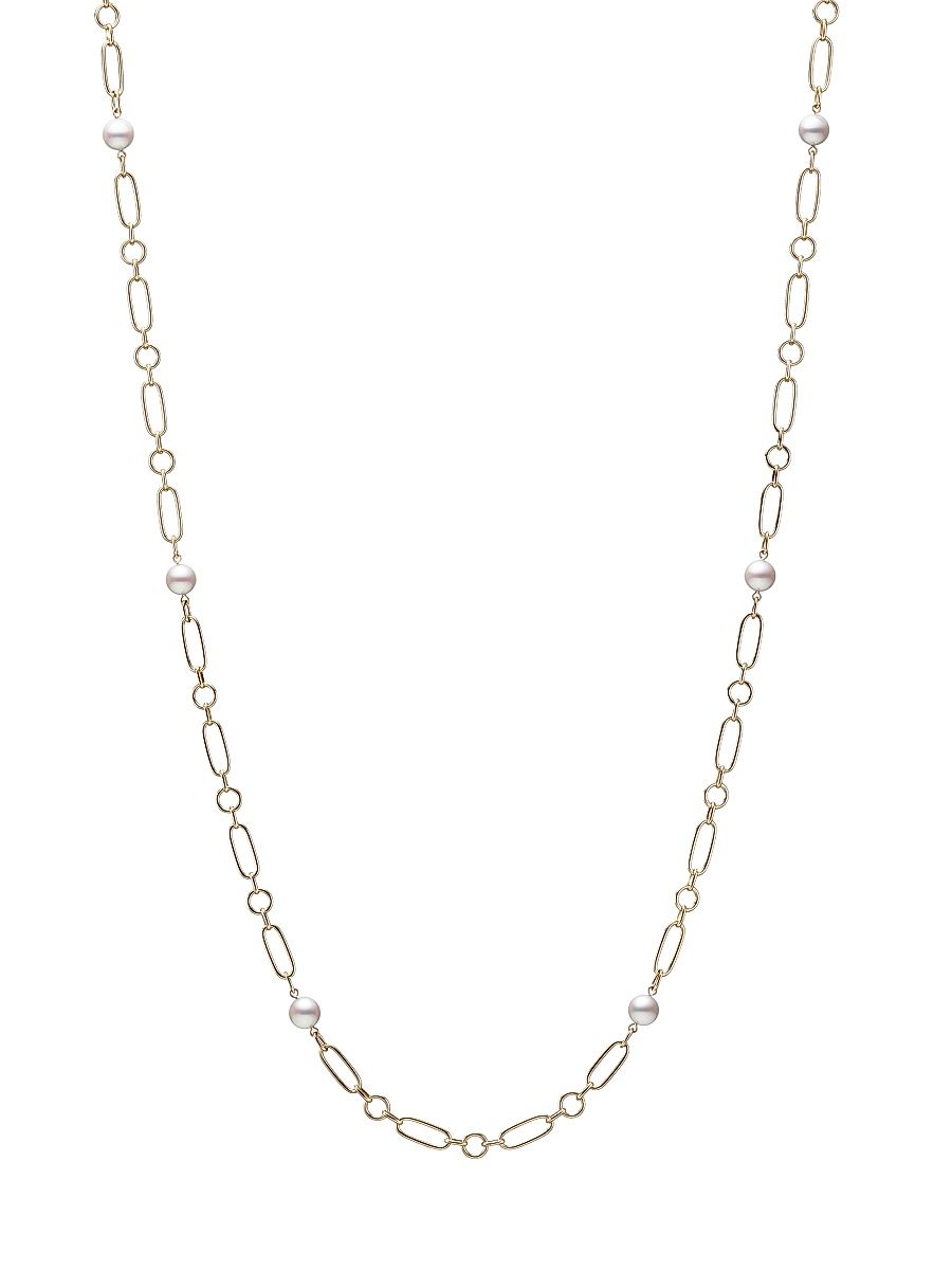 Women's M 18K Yellow Gold & 6.5MM Round Akoya Cultured Pearl Station Link Necklace/32.5" - Yellow Gold