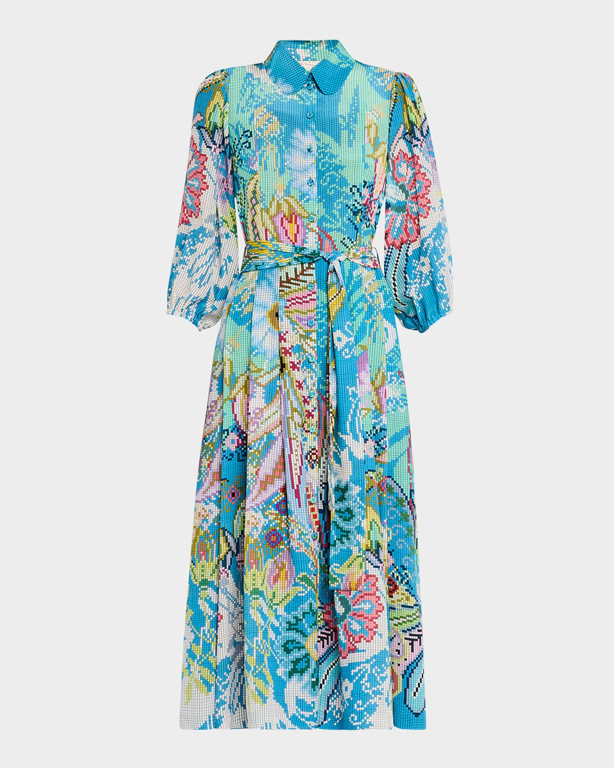 Floral Digital-Print Puff-Sleeve Midi Shirtdress With Belt