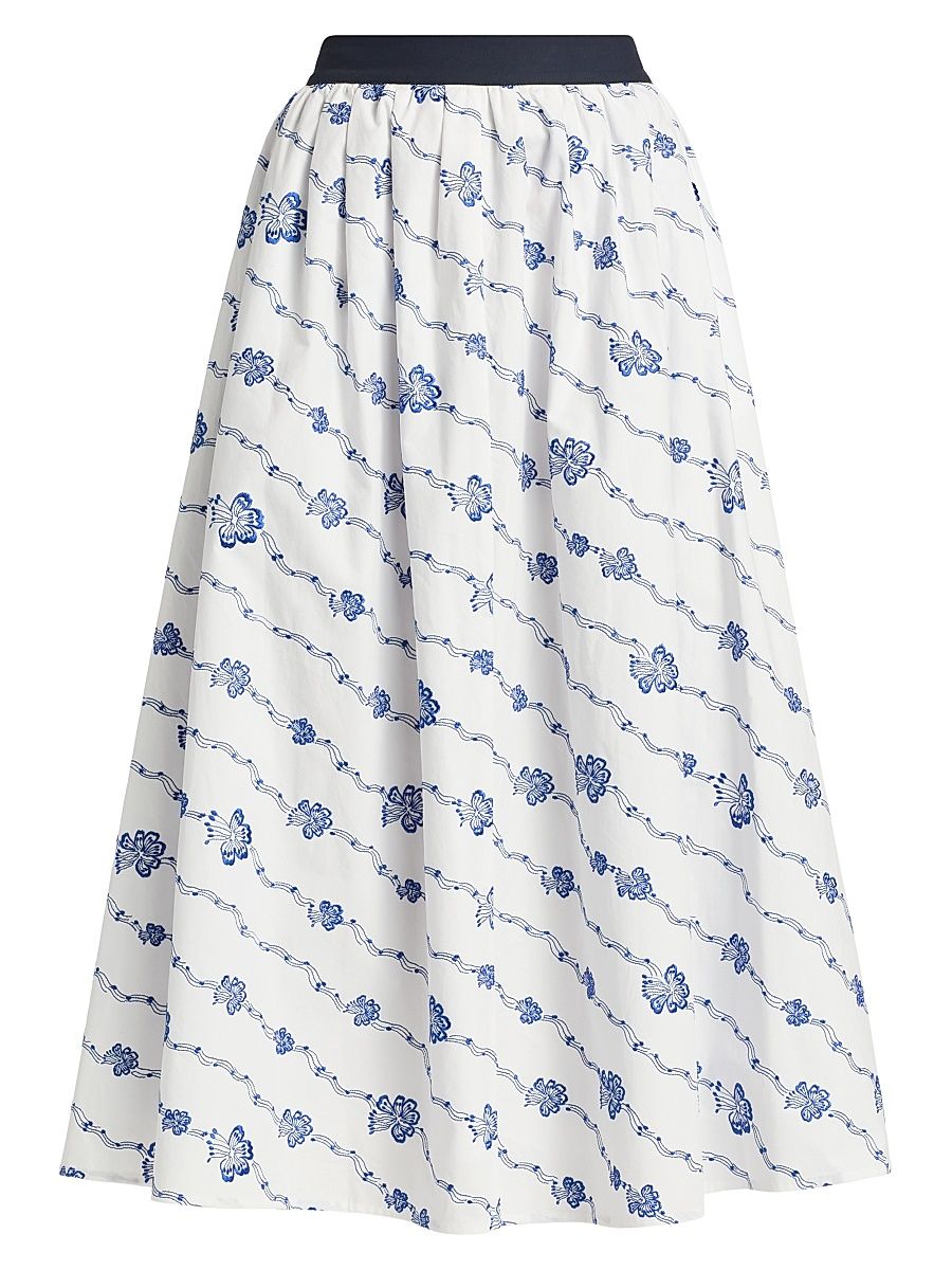 Women's Easy Does It Floral Cotton Midi-Skirt - Blue White - Size XL