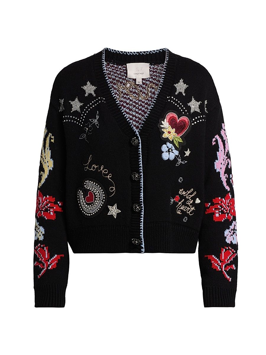 Women's Western Embroidered Wool-Blend Collage Cardigan - Black Multi - Size XL