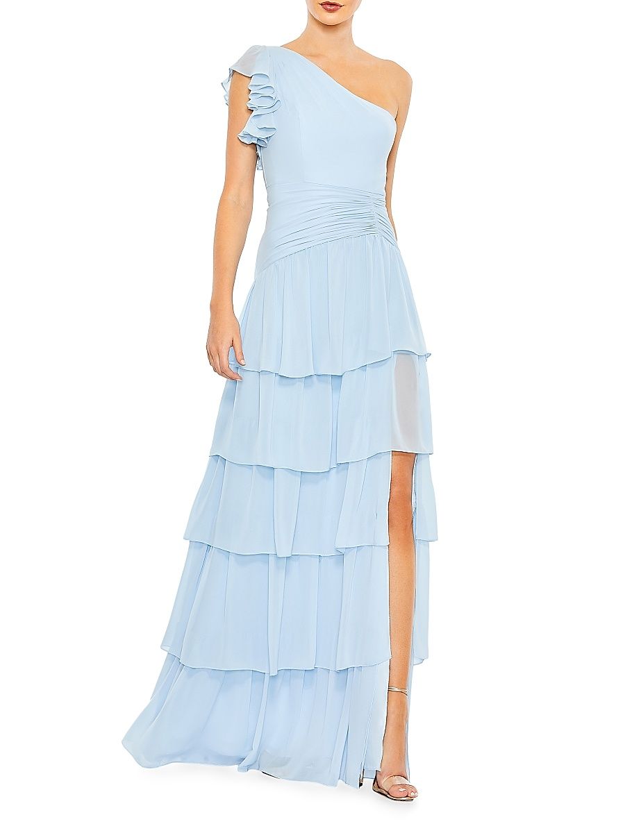 Women's Tiered Chiffon One-Shoulder Gown - Powder Blue - Size 10
