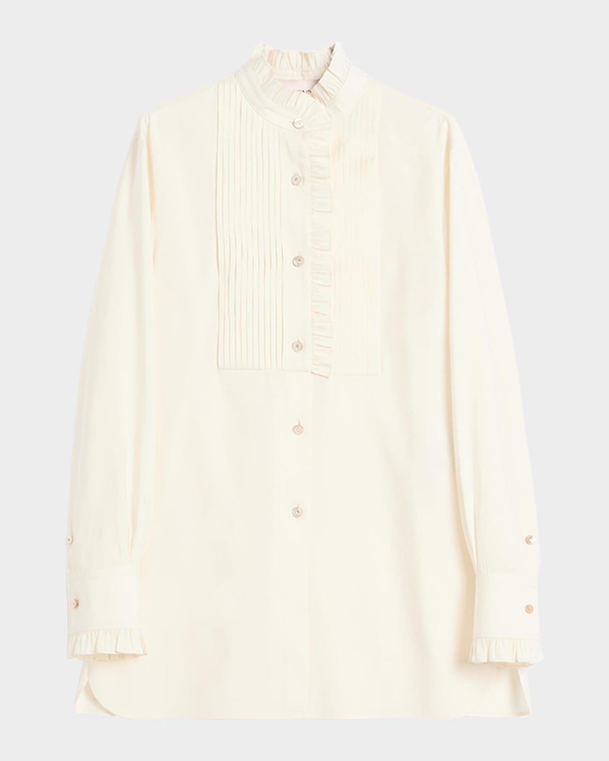 Pleated-Bib Ruffle Silk Shirt