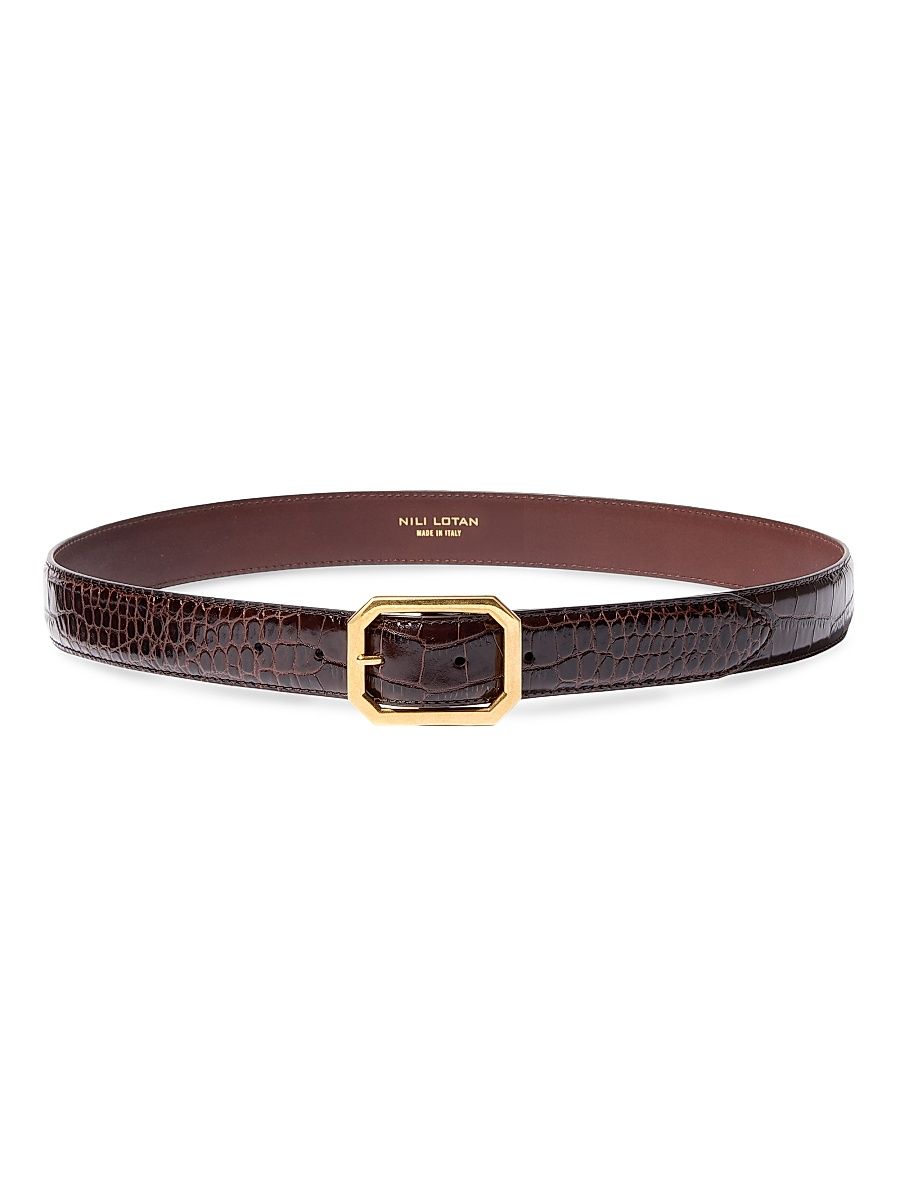 Women's Anais Croc-Embossed Leather Belt - Espresso Antique Gold Buckle - Size XL