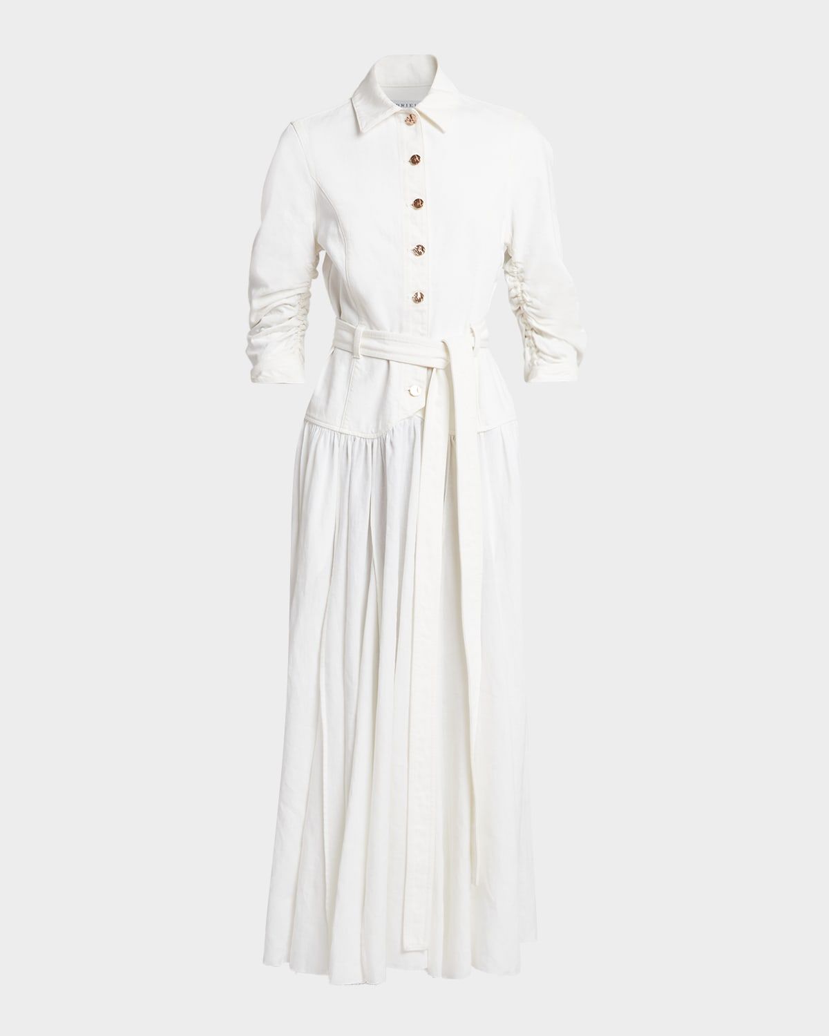 Delyth Ruched-Sleeve Belted Midi Shirtdress