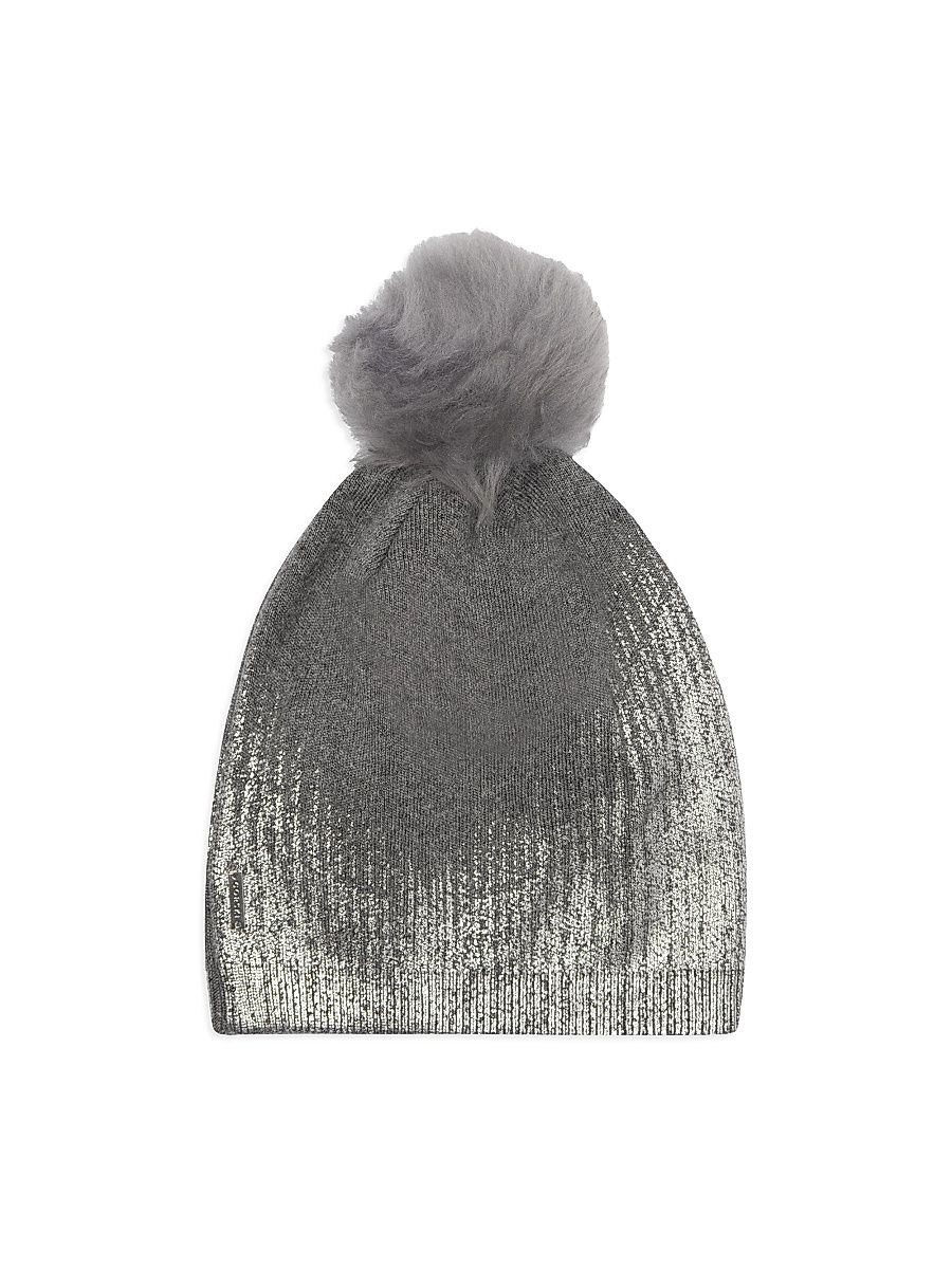 Women's Metallic Knit Hat with Toscana Lamb Pompom - Gray