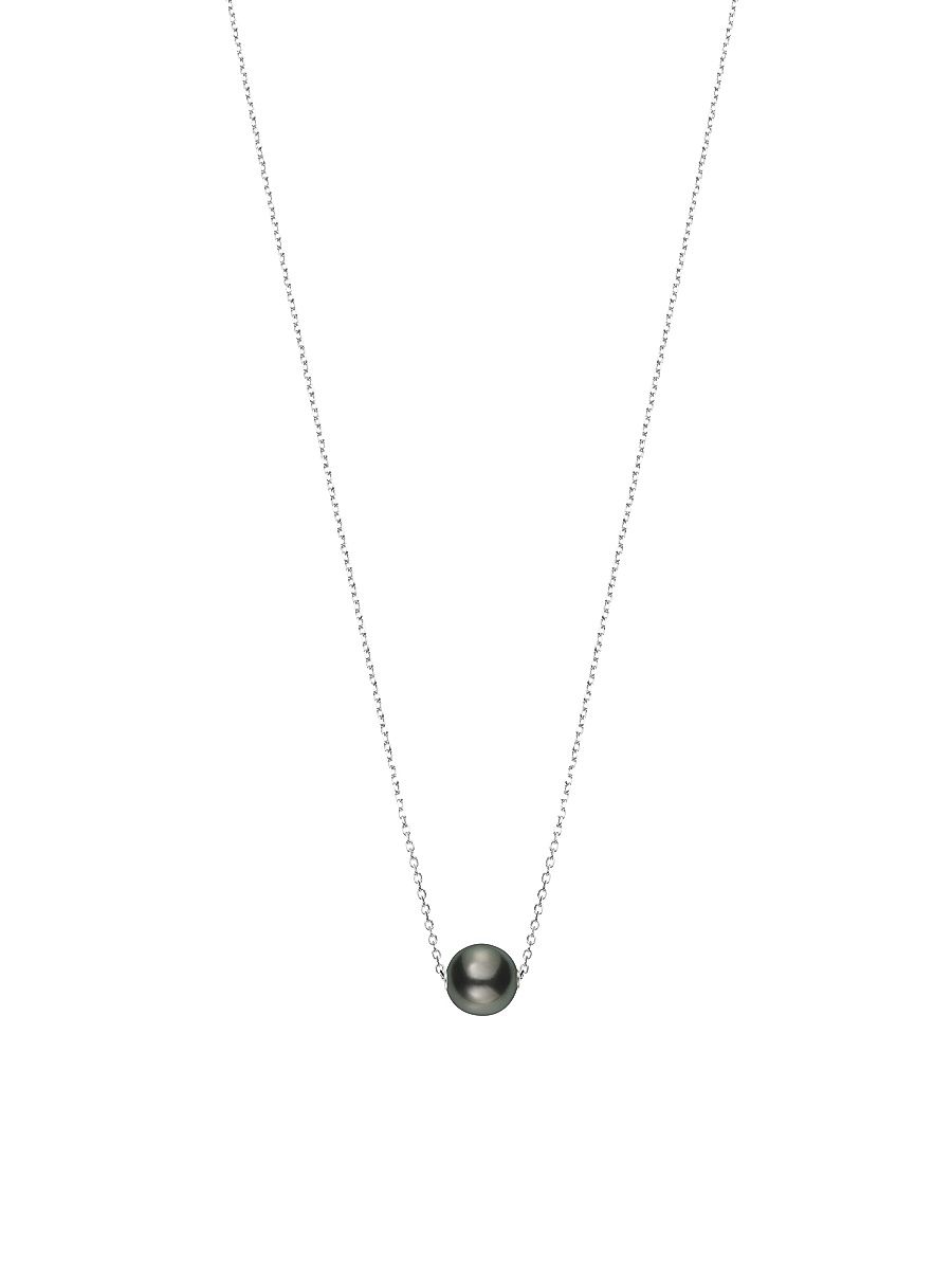Women's 10MM Black Cultured Pearl & 18K White Gold Pendant Necklace - White Gold