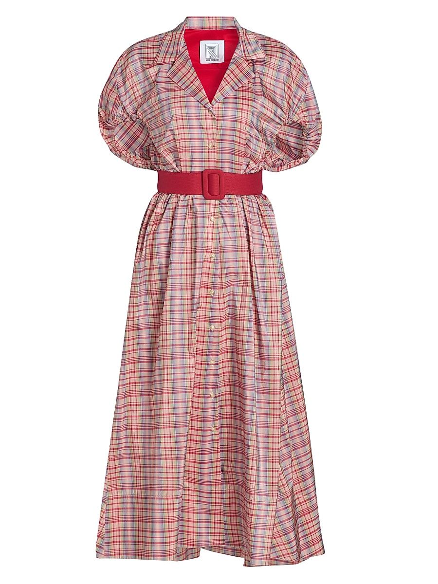 Women's Wind At Your Back Plaid Silk-Blend Midi-Dress - Pink Plaid - Size 12