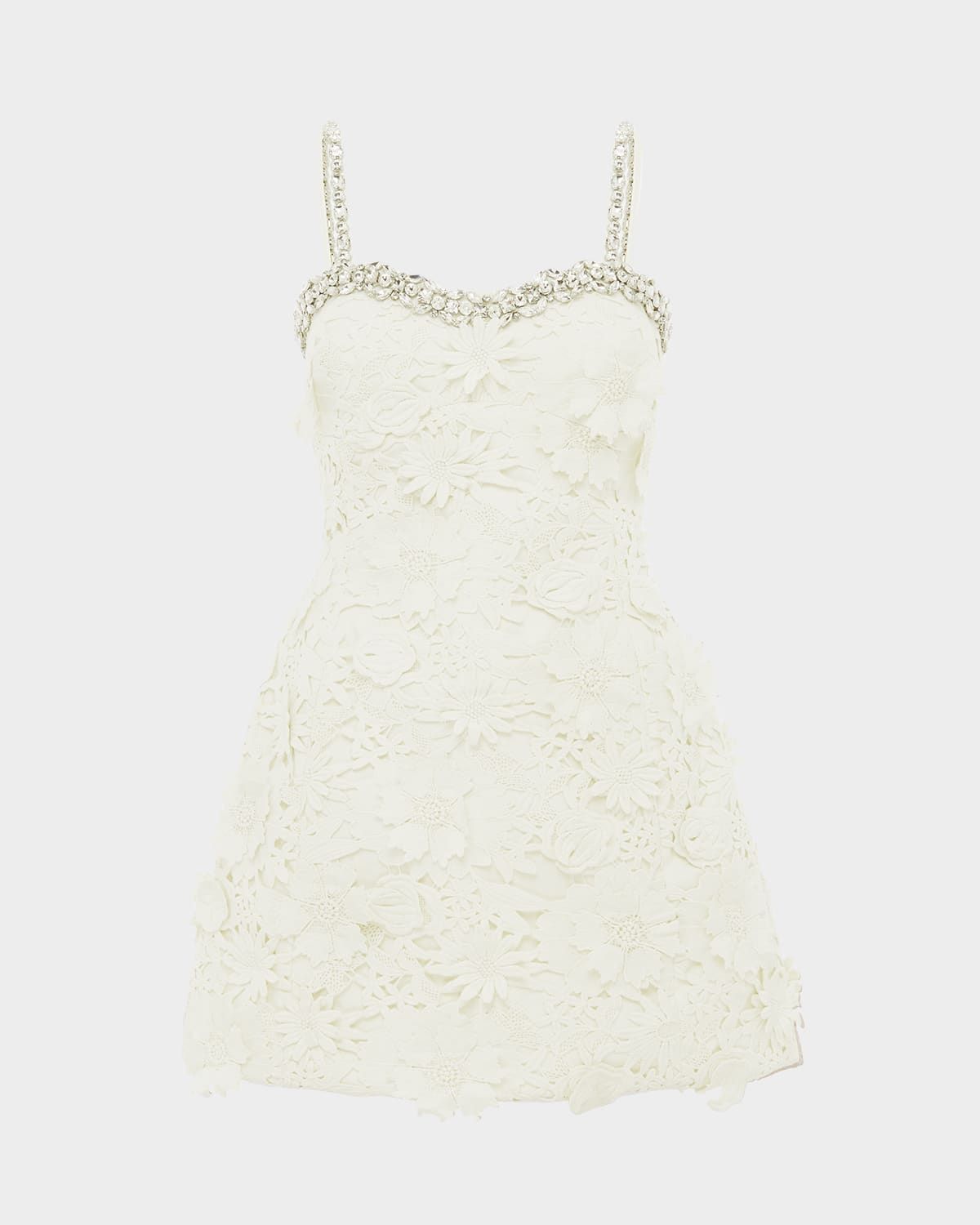 Crystal-Trim Floral Lace Mini Dress