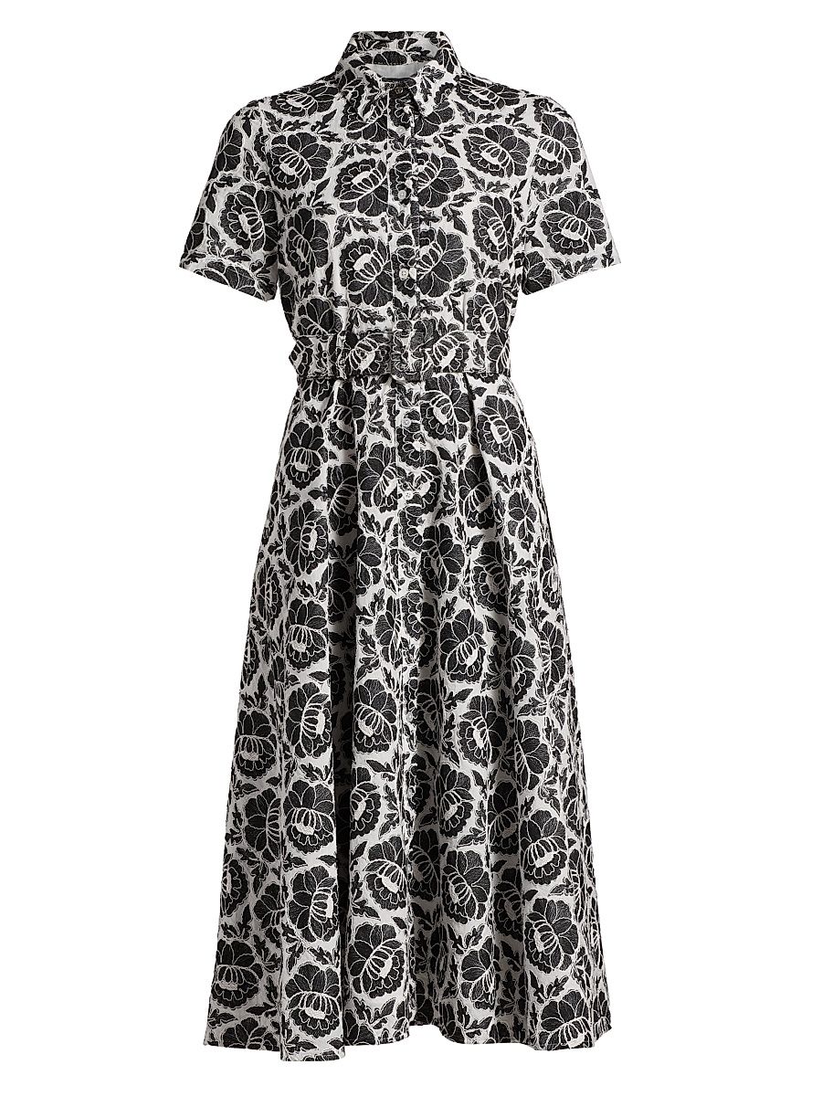 Women's Jean Floral-Embroidered Cotton Belted Midi-Shirtdress - Jet Optic - Size 6