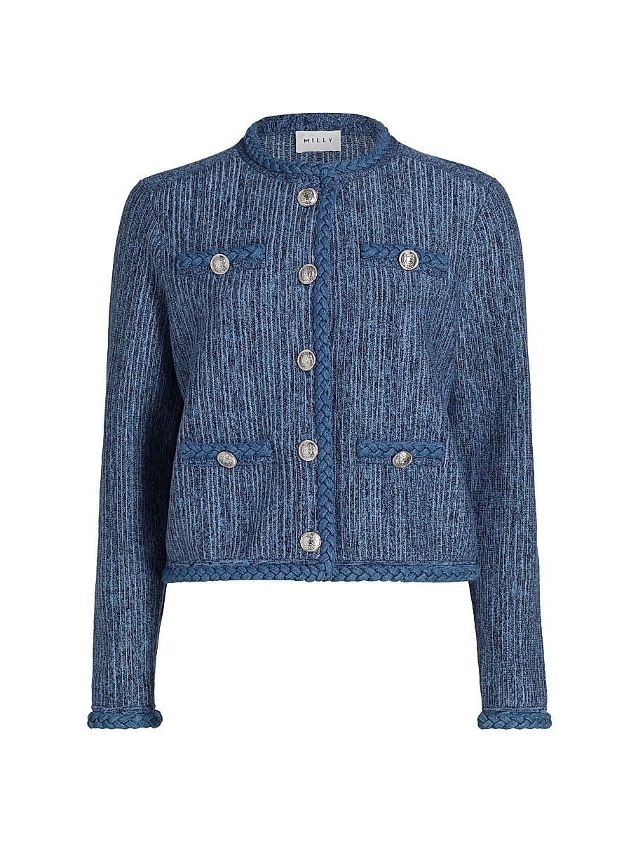 Women's Shayne Pinstriped Knit Crewneck Cardigan - Blue Multi - Size XL