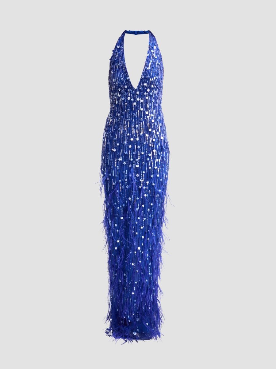 Pamella Roland Women's Beaded Tulle Halterneck Gown - Cobalt - Size 8