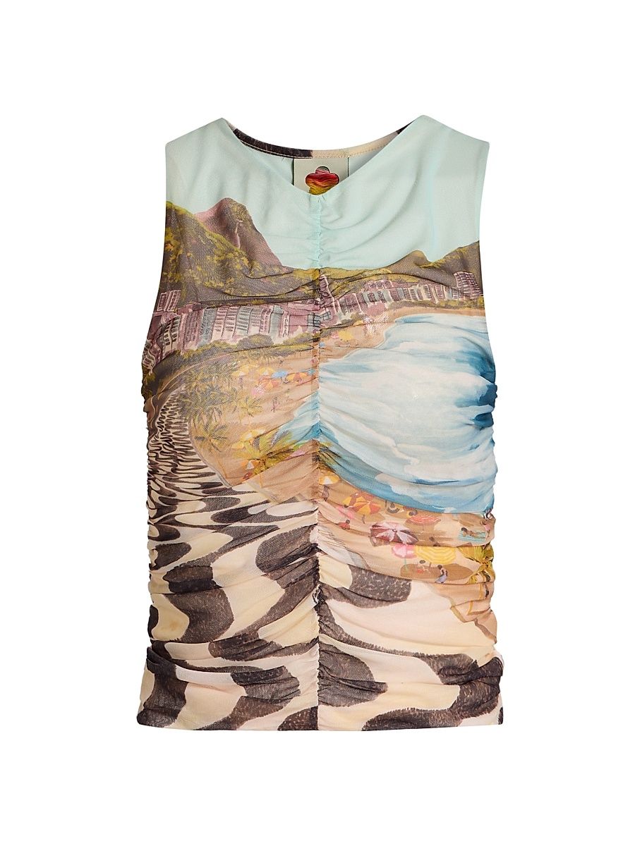 Women's Copacabana Beach-Print Ruched Sleeveless Blouse - Size XL
