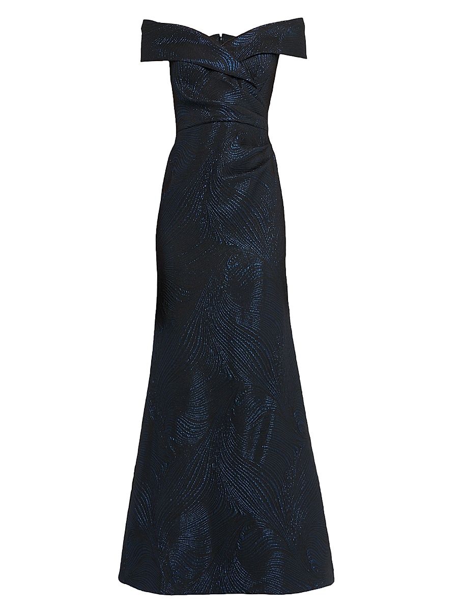 Women's Off-the-Shoulder Metallic Jacquard Gown - Blue Black - Size 6