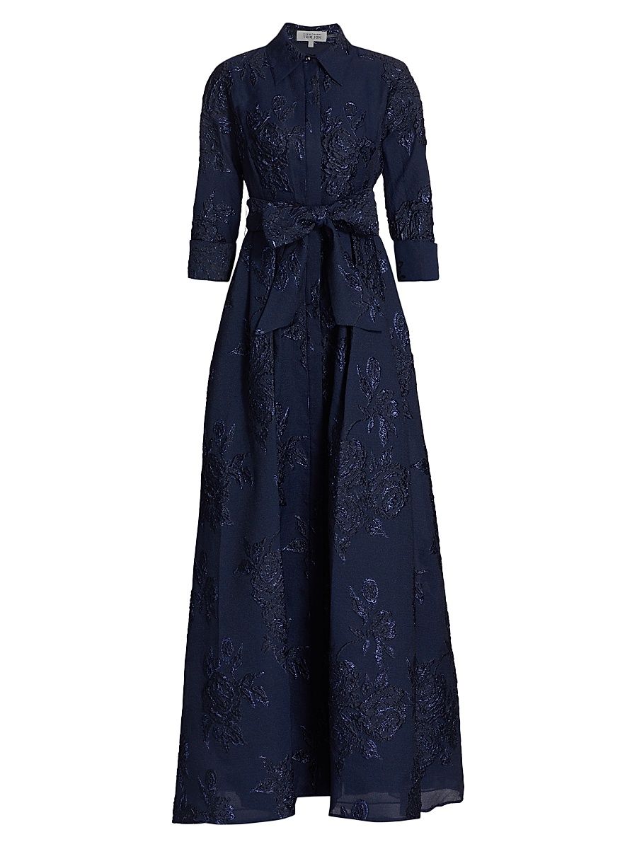 Teri Jon by Rickie Freeman Women's Three-Quarter Sleeve Metallic Jacquard Shirt Waist Gown - Navy - Size 16