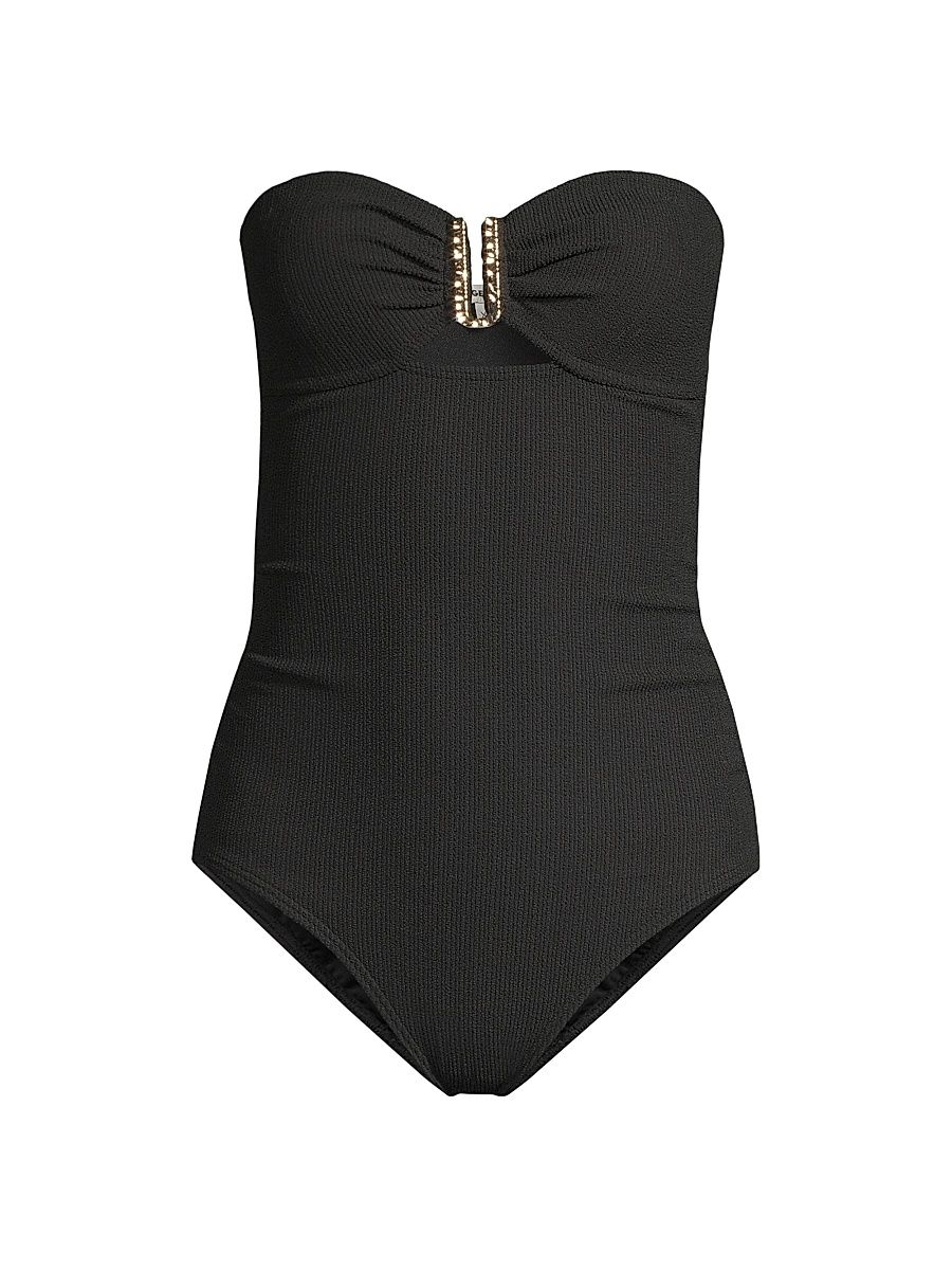 Women's Lisa Ruched Bandeau One-Piece Swimsuit - Black Texture - Size Small