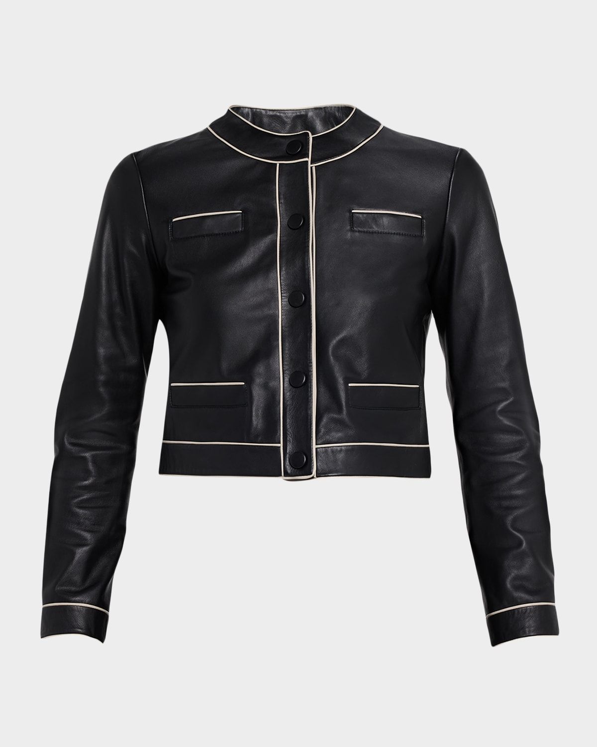 Cropped Contrast-Trim Leather Jacket