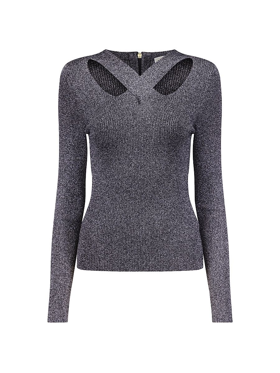 Women's Cut-Out Shimmer Sweater - Black Silver - Size XL