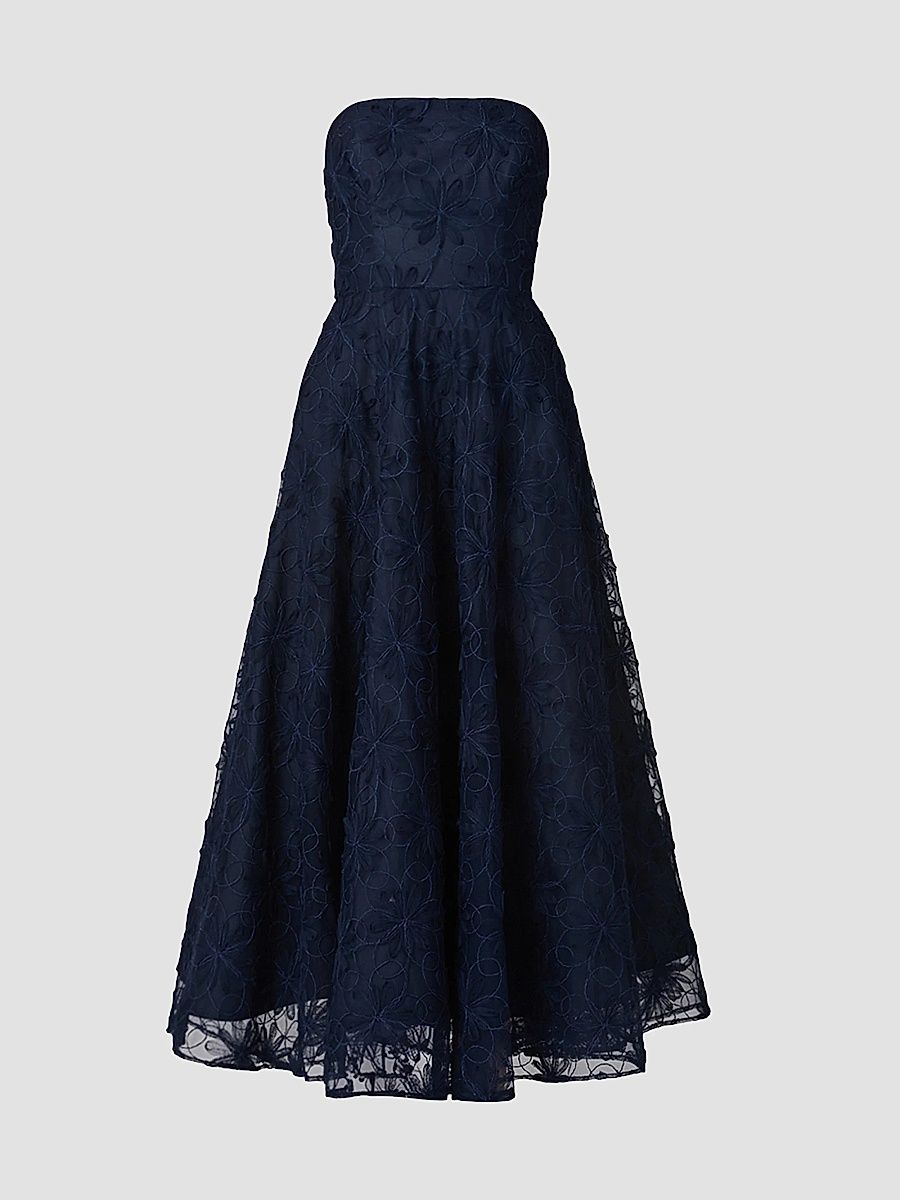 Shoshanna Women's McCall Floral Embroidered Strapless Tea-Length Dress - Navy - Size 14