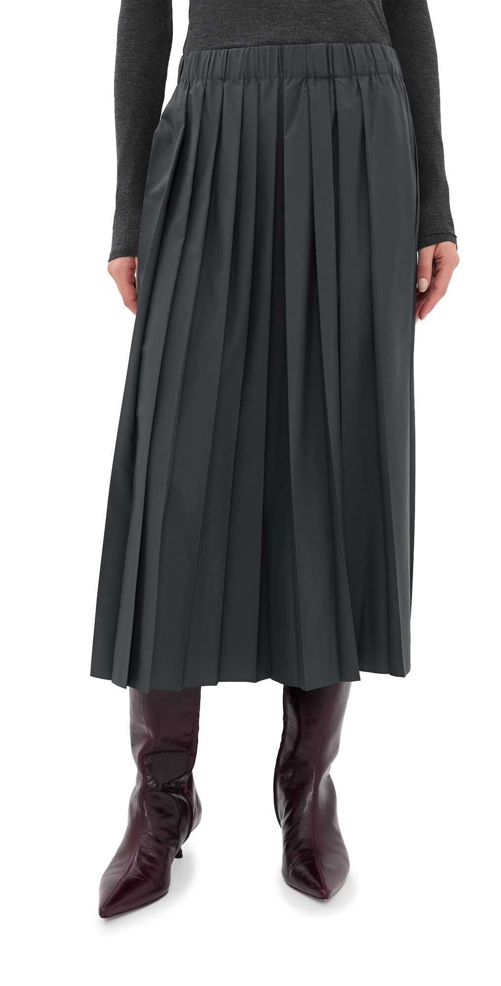 Tibi Nylon Pleated Midi Skirt Charcoal Grey XXS