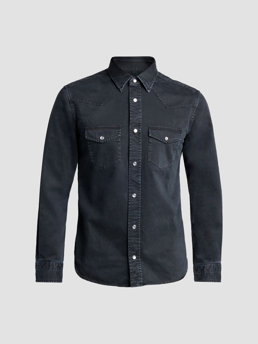 TOM FORD Men's Peached Twill Denim Western Shirt - Black - Size 17.5