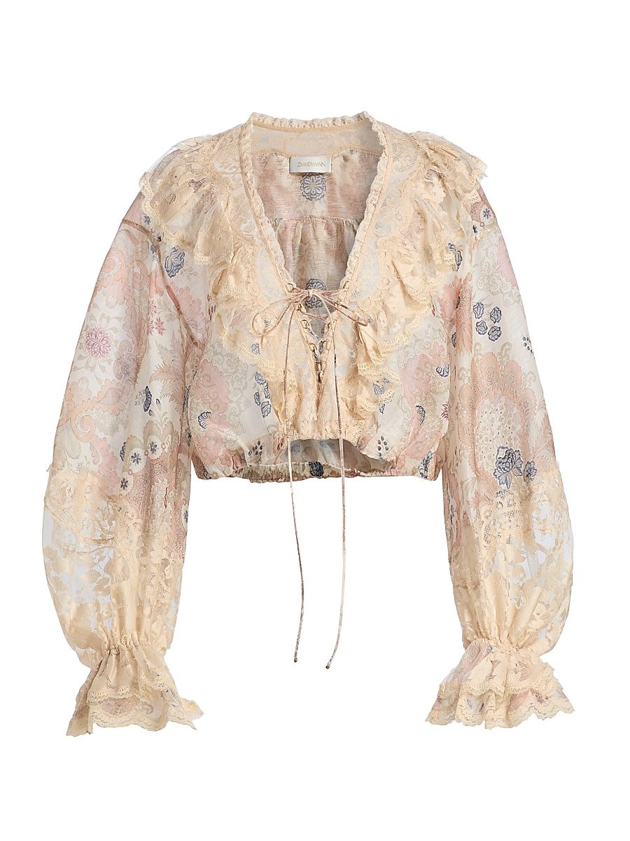 Women's Rebellion Lace-Up Linen-Silk Blouse - Cream Floral - Size 8