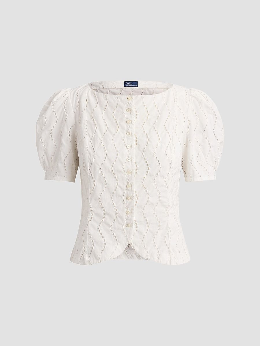 Women's Cotton Eyelet Puff-Sleeve Top - White - Size 8