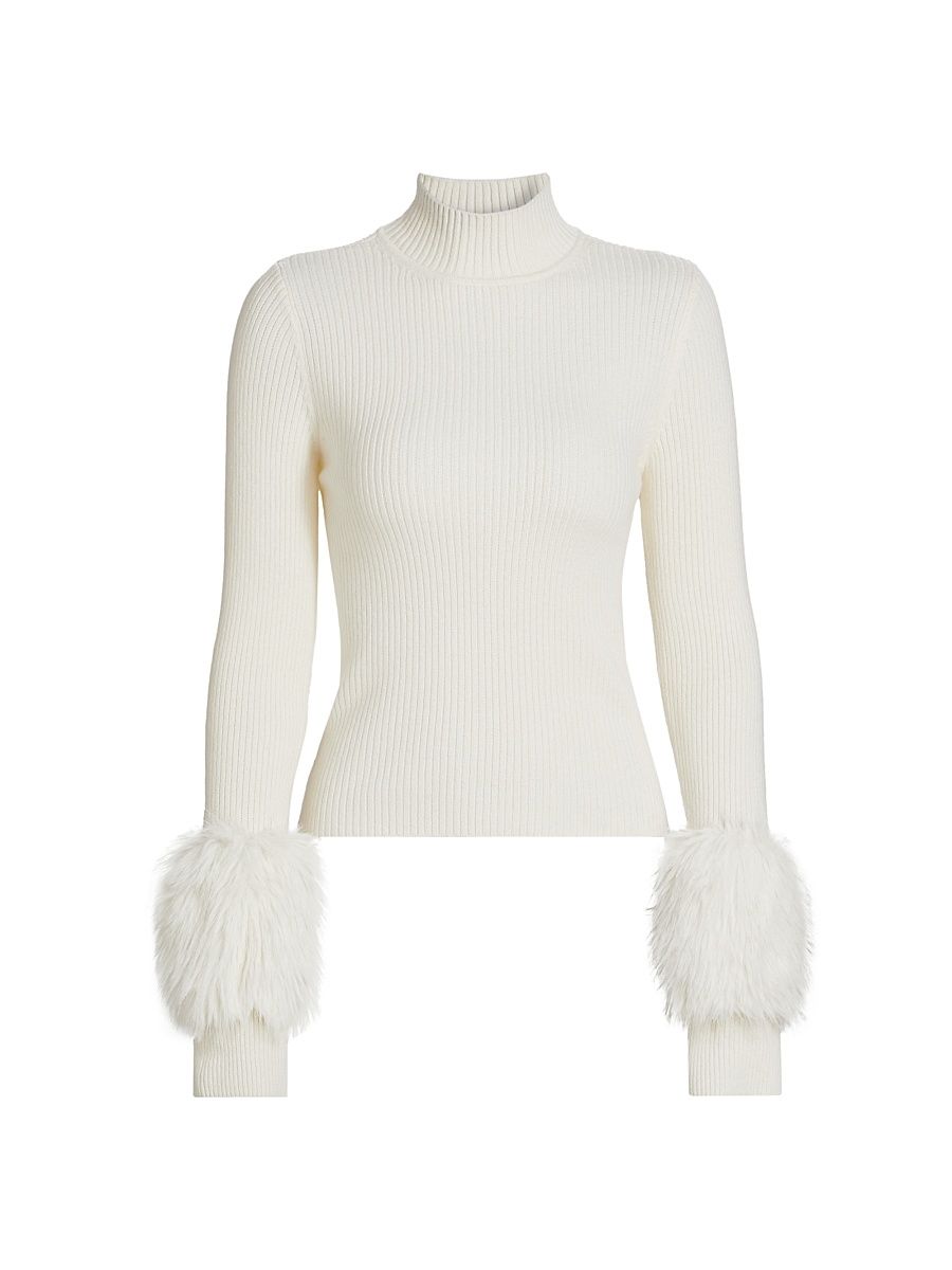Women's Magnus Rib-Knit Merino-Wool Turtleneck Sweater - Ivory Faux Fur - Size Large