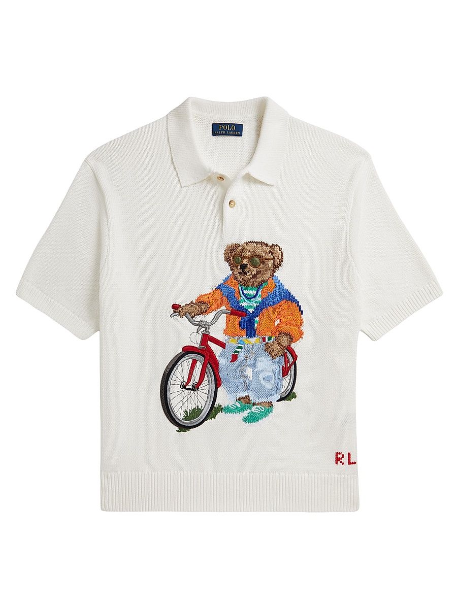 Men's Polo Bear-Embroidered Cotton Polo Shirt - Deckwash White - Size XXL