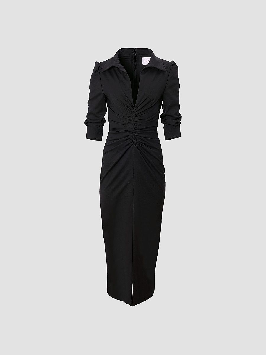 Women's Ruched Jersey Wool Midi-Dress - Black - Size 14