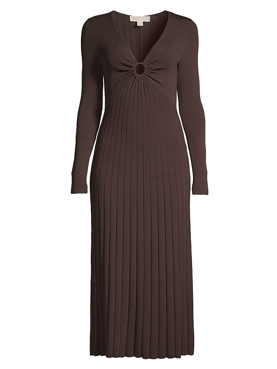 Women's O-Ring Pleated Knit Midi-Dress - Chocolate - Size Medium