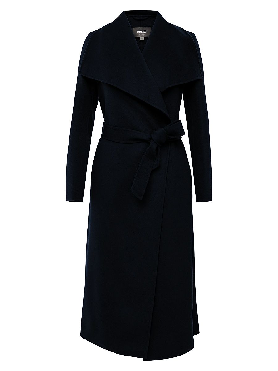 Women's Belted Light Wool Coat - Black - Size XL