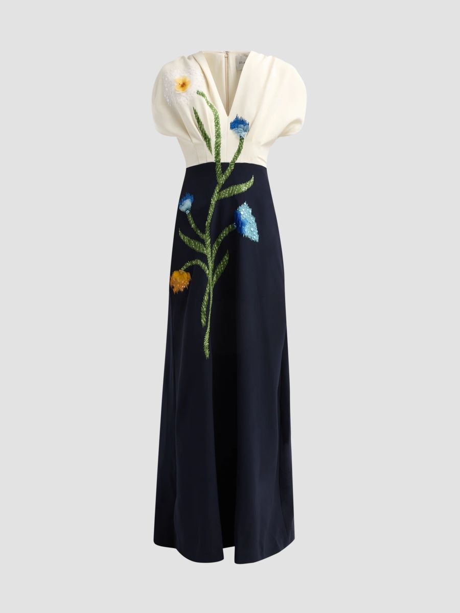 Lela Rose Women's Floral-Embroidered Crepe V-Neck Gown - Ivory Navy - Size 16