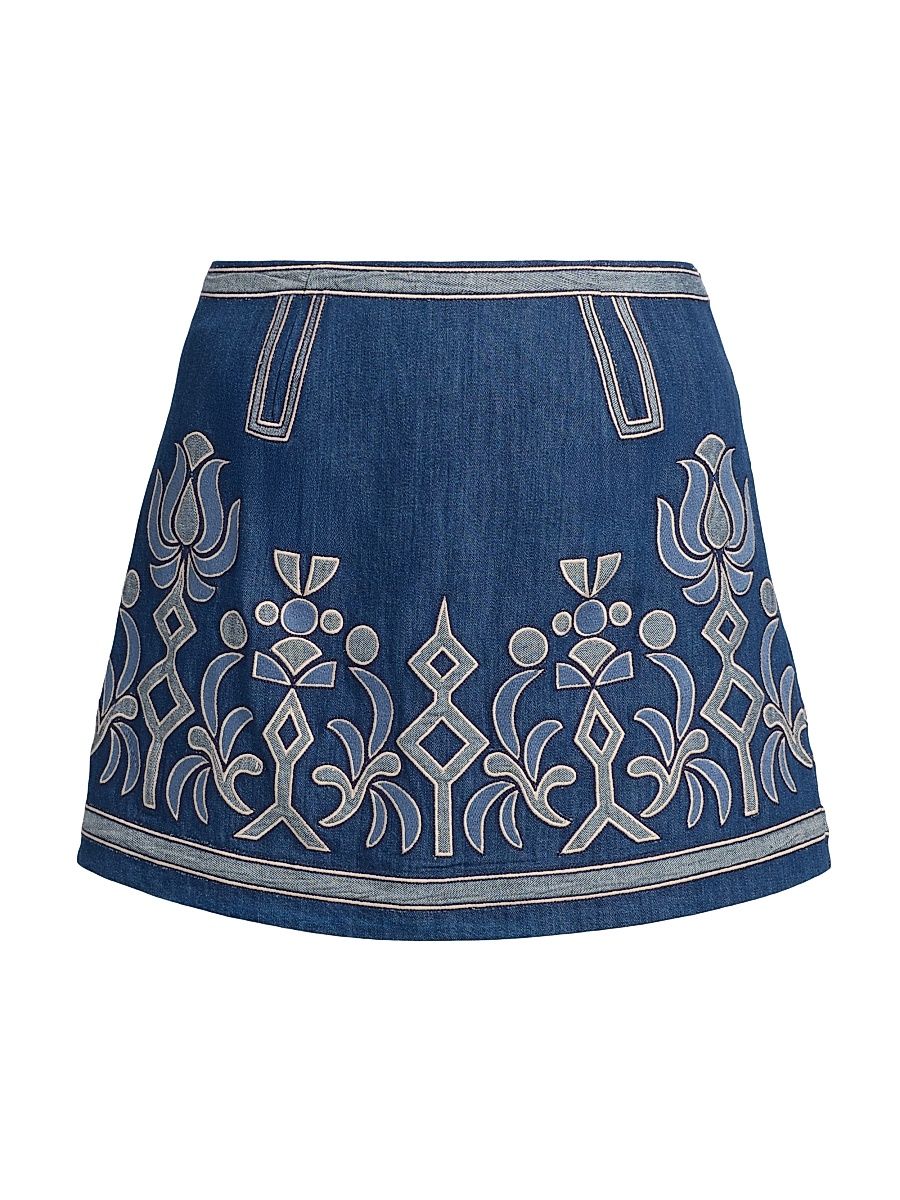 Women's Anastasia Embroidered Denim Miniskirt - Tonal Embroidered Denim - Size 14