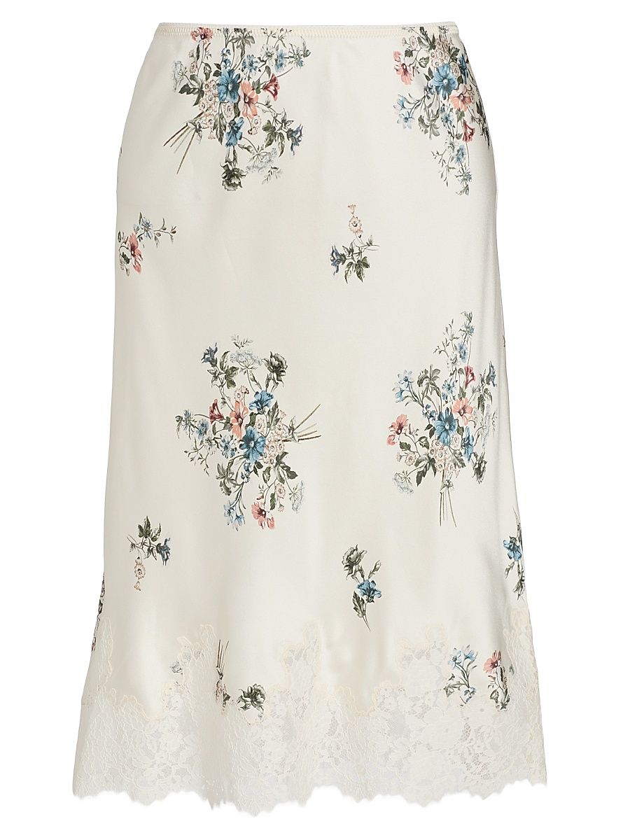 Women's Elowette Lace-Trim Floral Silk Midi-Skirt - Primrose Bouquet - Size XS