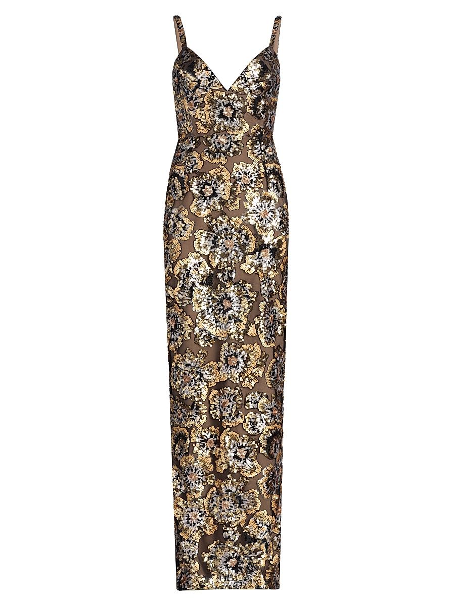 Women's Allegra Sequined Sleeveless V-Neck Gown - Gold Multi - Size Small