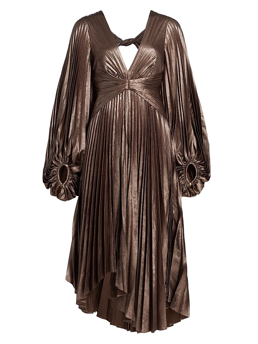 Women's Palms Pleated Satin Midi-Dress - Coffee Metallic - Size 6