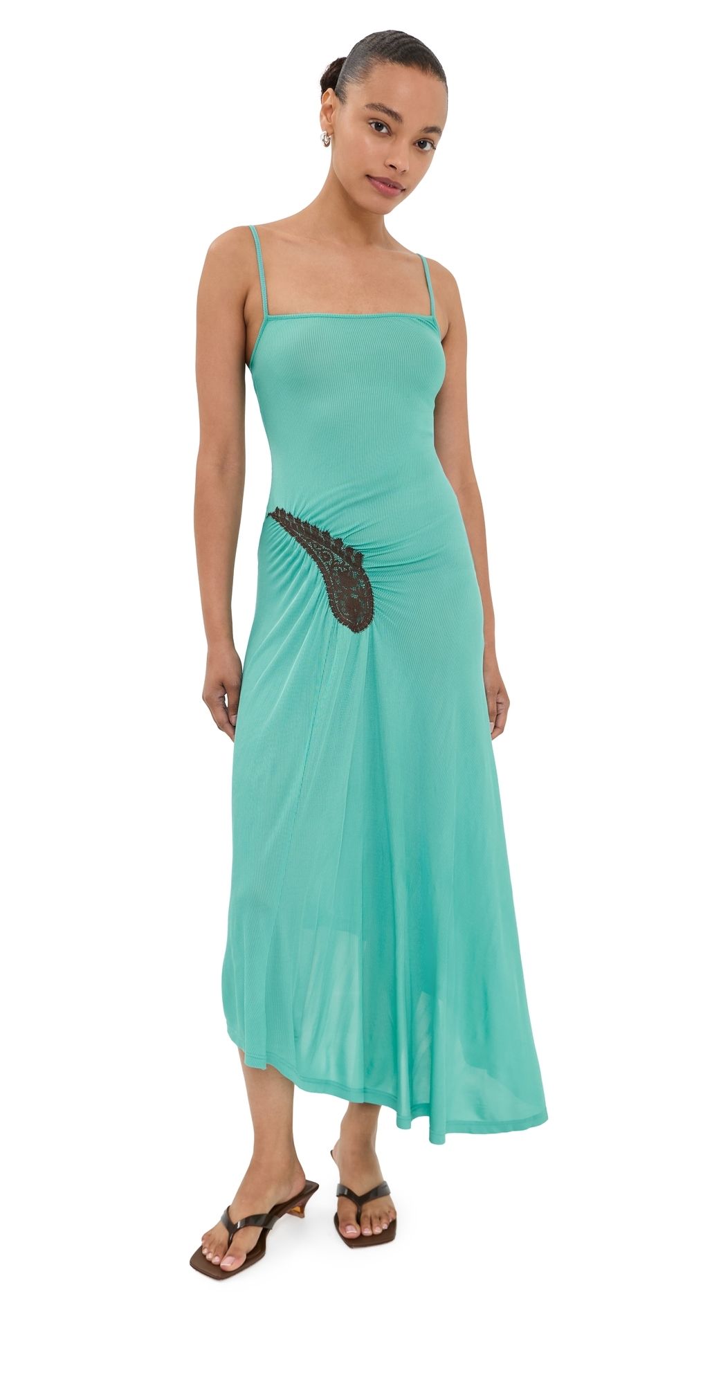 Christopher Esber Paisley Lace Rib Cami Dress Mineral Turquoise/Husk Brown 8